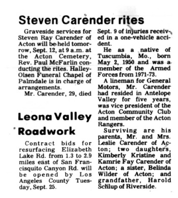 Carender, Steven Ray obituary