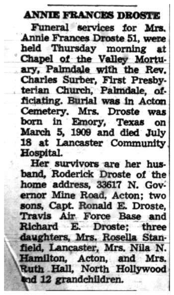Droste, Annie Frances obituary