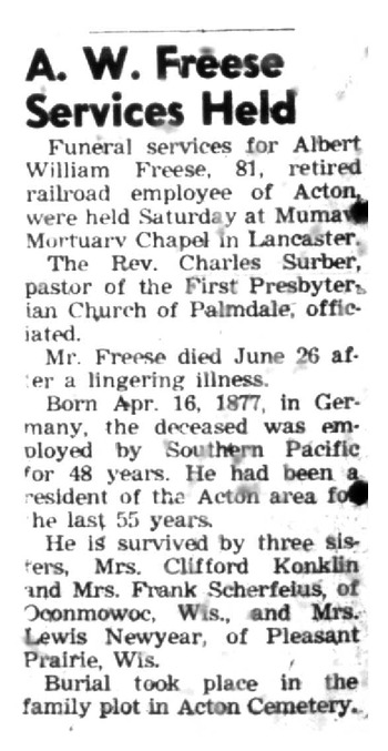 Freese, Albert William obituary