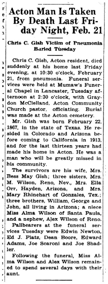 Gish, Christopher Columbus obituary