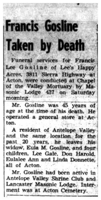 Gosline, Francis Lee obituary