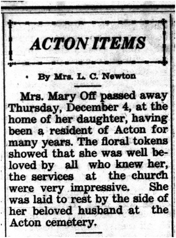 Off, Maria 'Mary' obituary