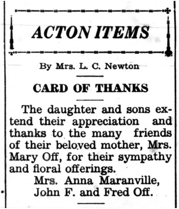 Off, Maria 'Mary' obituary