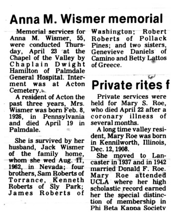 Wismer, Anna Mae obituary