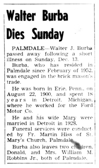 Burba, Walter Joseph obituary