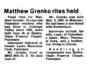 Grenko, Matthew obituary