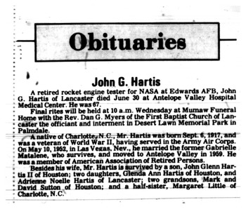 Hartis, John Glenn obituary