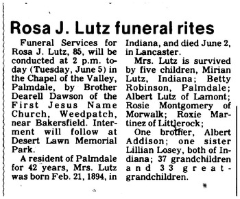 Lutz, Rosa Jane obituary
