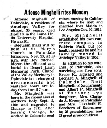 Minghelli, Alfonzo obituary