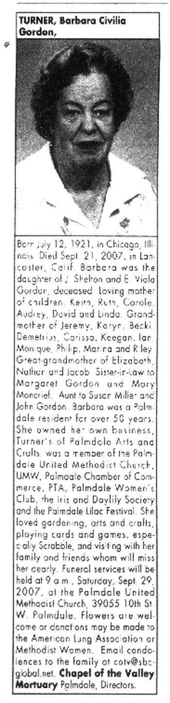 Turner, Barbara Civilia obituary
