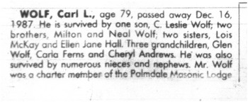 Wolf, Carl Lambert obituary