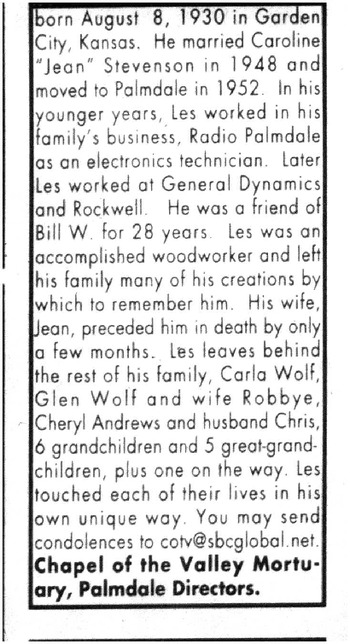 Wolf, Carl Leslie ('Les') obituary