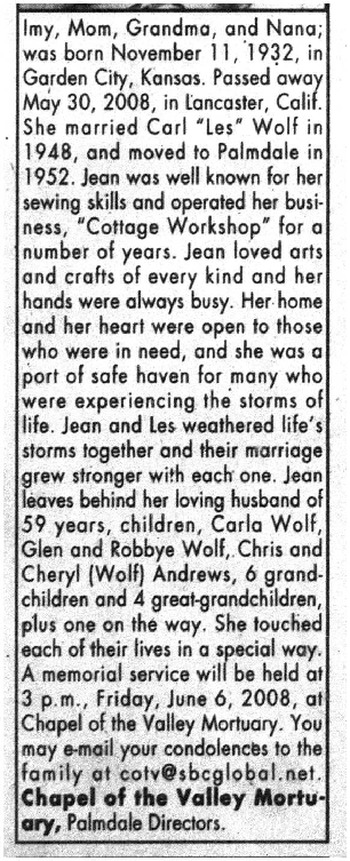 Wolf, Caroline Imogene ('Jean') obituary