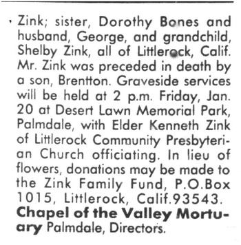 Zink, Robert Lee obituary