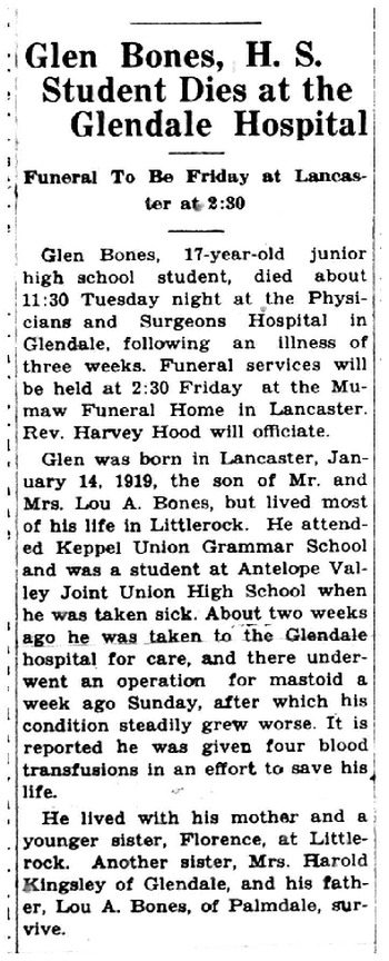 Bones, Glenn Wilmar obituary