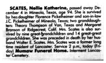 Scates, Nellie Katherine obituary