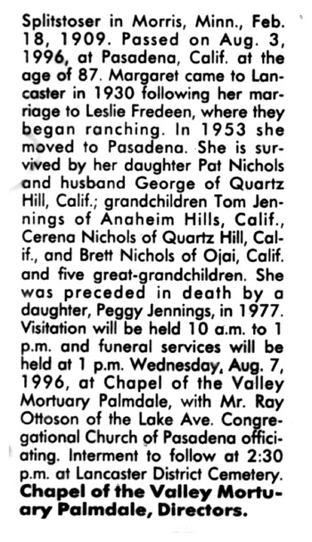 Fredeen, Margaret Helena obituary