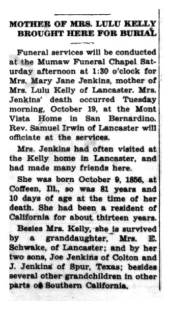 Jenkins, Mary Jane obituary