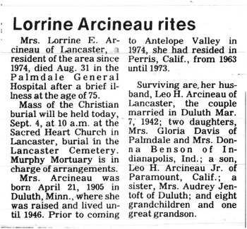 Arceneau,   Lorrine Elmira obituary
