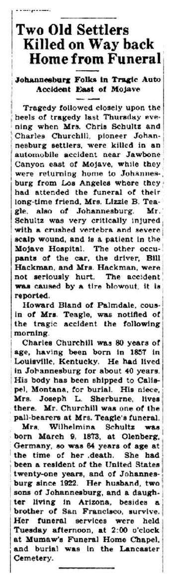 Schultz, Wilhelmina Henrietta obituary