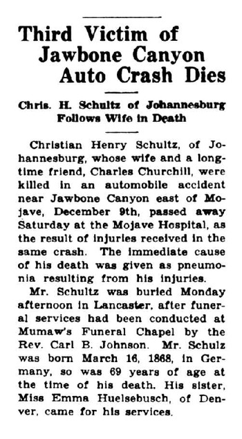 Schultz, Christian Henry obituary