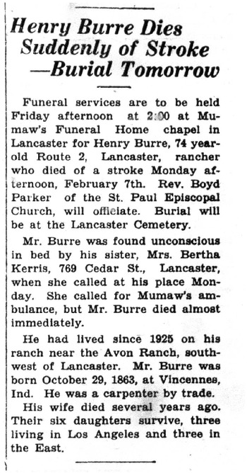 Burre, Henry William obituary