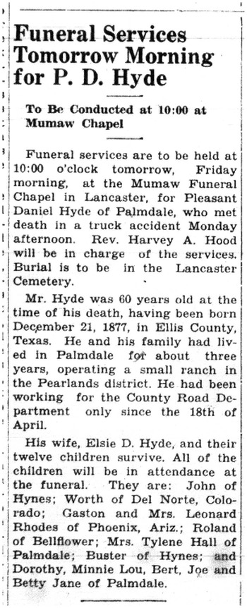 Hyde, Pleasant Daniel obituary