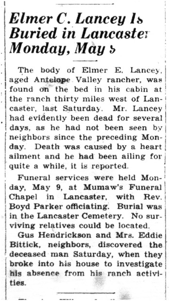 Lancey,   Elmer E obituary
