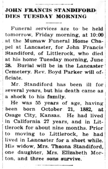 Standiford, John Francis obituary