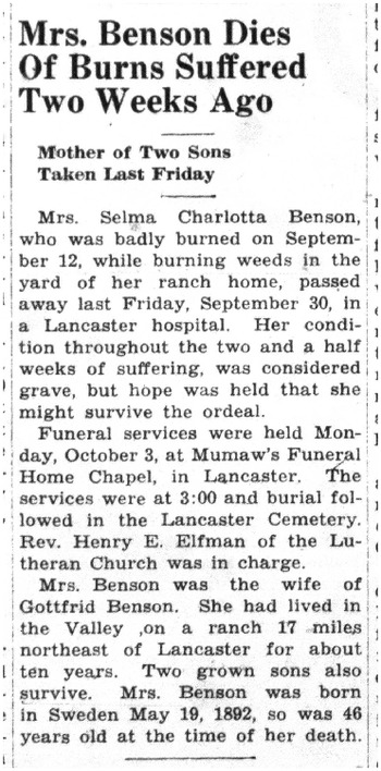 Benson, Selma Charlotta obituary
