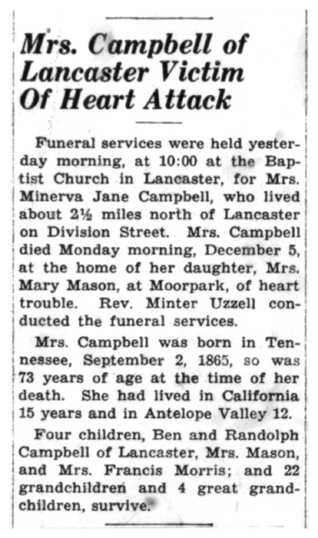 Campbell, Minerva Jane obituary