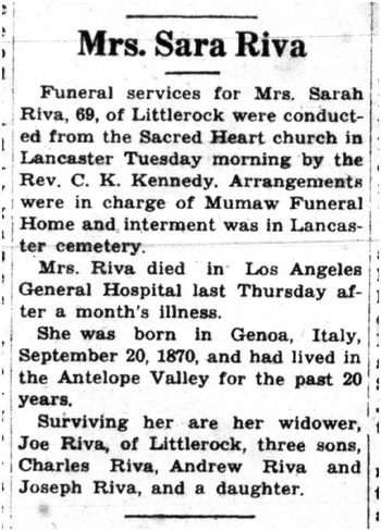 Riva,   Sarah obituary
