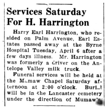 Harrington, Harry Earl obituary