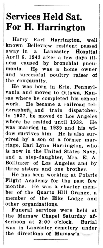 Harrington, Harry Earl obituary