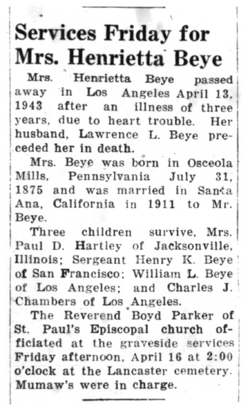 Beye, Henrietta obituary
