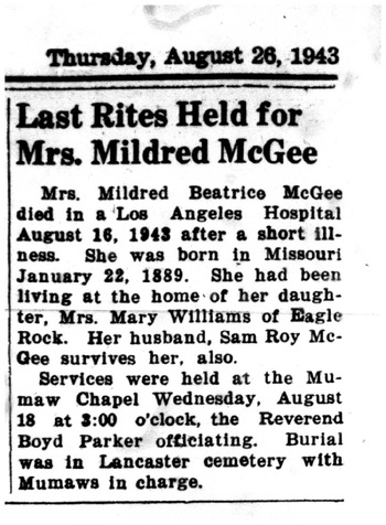 McGee, Mildred Beatrice obituary
