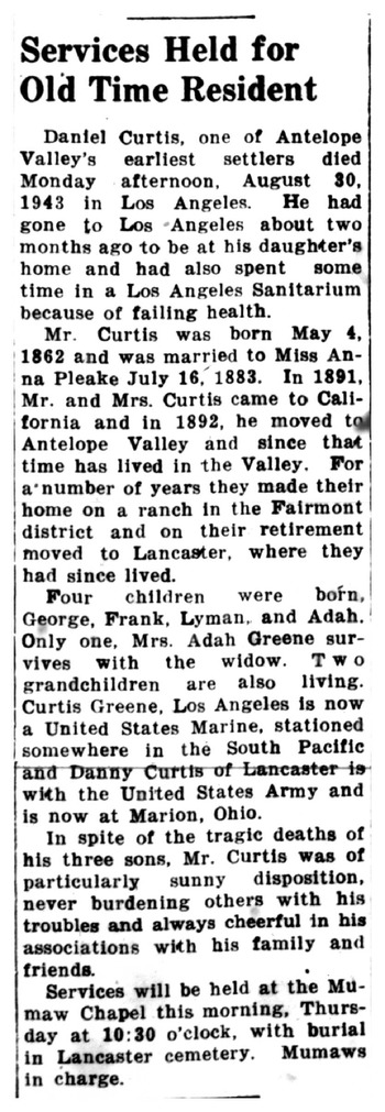 Curtis, Daniel obituary