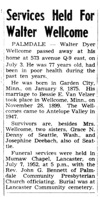 Wellcome, Walter Dyer obituary