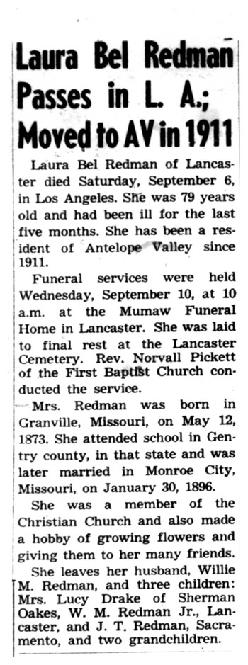 Redman, Laura Bell obituary