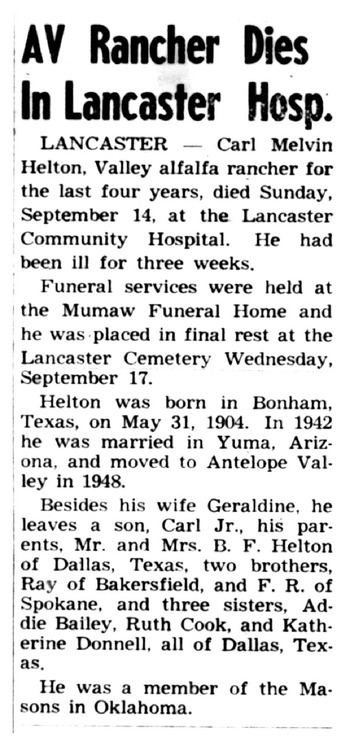 Helton, Carl Melvin obituary
