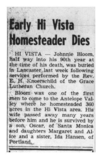 Bloom, John Alfred ('Johnnie') obituary
