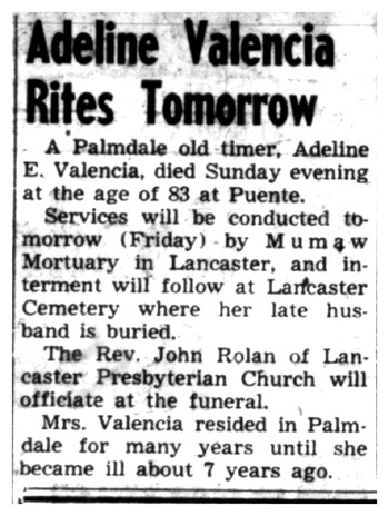 Valencia,   Adeline E. obituary