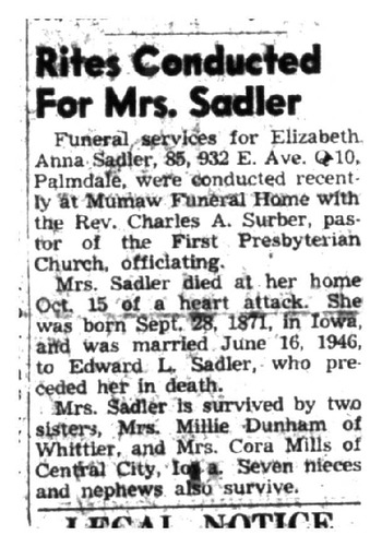 Sadler, Elizabeth Anna obituary