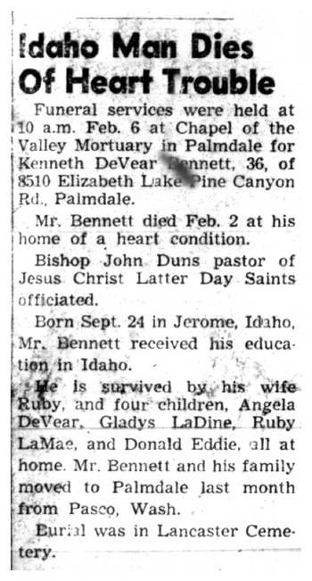 Bennett, Kenneth DeVear obituary