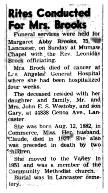 Brooks, Margaret Abbey obituary