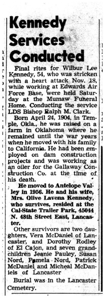 Kennedy, Wilber Lee obituary