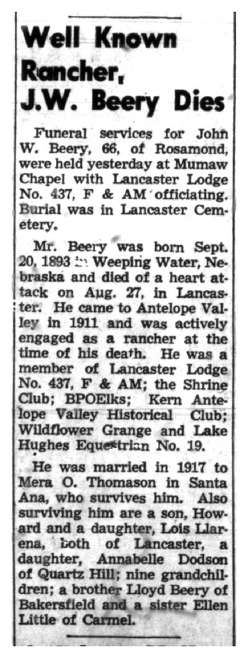 Beery, John Wesley obituary
