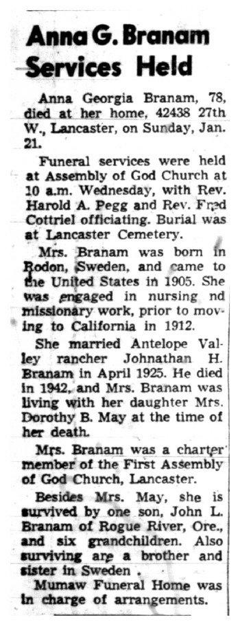 Branam, Anna Georgia obituary