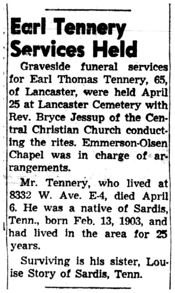 Tennery, Earl Thomas obituary