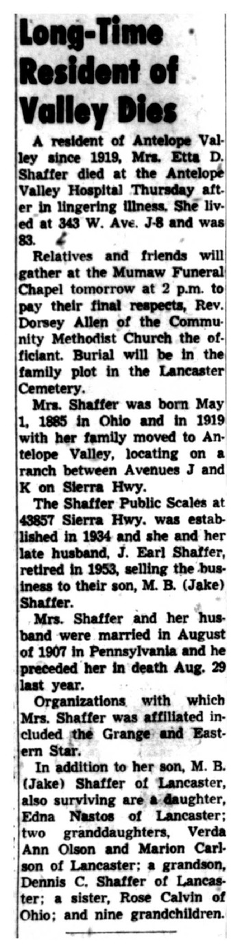 Shaffer, Etta Dell obituary
